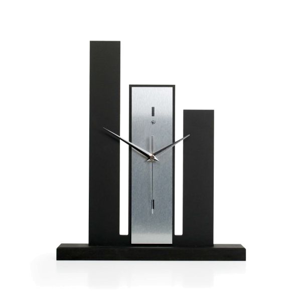 Designer-Standuhr aus Holz – schwarze Tischuhr in modernem Metallic-Look ohne Ticken 