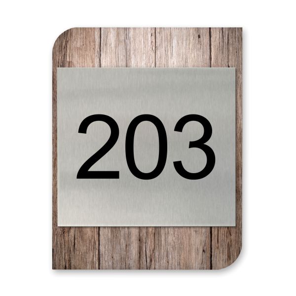 Zimmernummer - personalisiertes Business-Schild aus Holz und Alu | 5 Holzdekore zur Auswahl