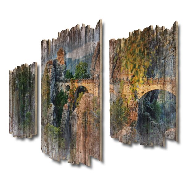 Basteibrücke Shabby chic 3-Teiler Wandbild aus Massiv-Holz