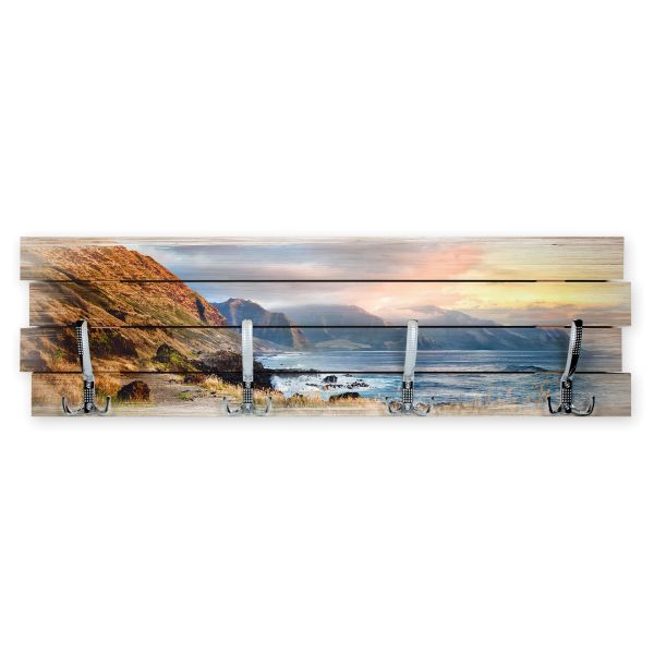 Wandgarderobe Küste aus Holz Shabby-Chic-Design farbig bedruckt ca. 30x100cm 4 Doppel-Haken