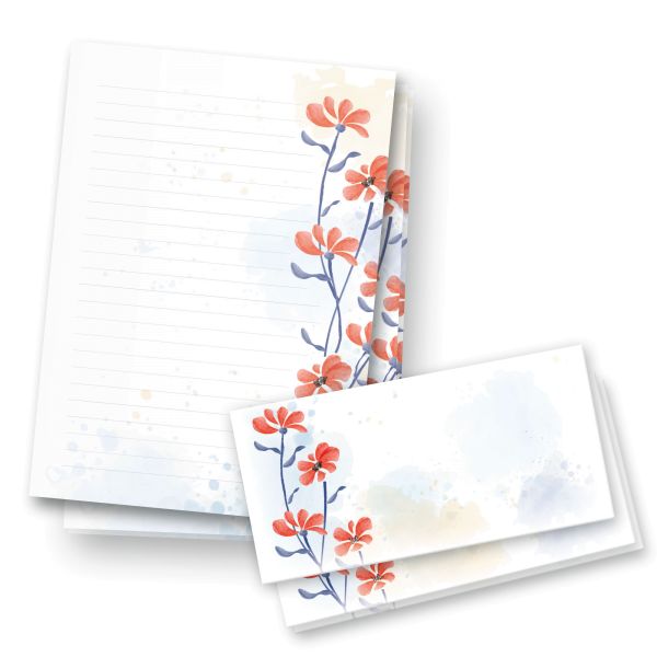 Briefpapier-Set | Blumen Aquarell | 25x DIN A4 Briefpapier liniert mit passenden Umschlägen