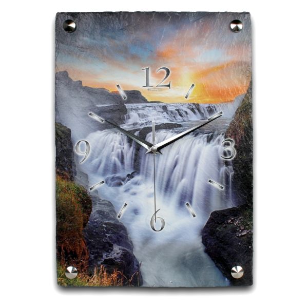 Wasserfall Designer Funk-Wanduhr aus echtem Naturschiefer mit leisem Funk- oder Quarzuhrwerk