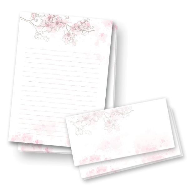 Briefpapier-Set | Kirschblüten | 25x DIN A4 Briefpapier liniert mit passenden Umschlägen
