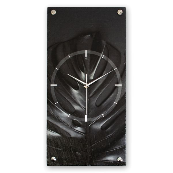 Designer Wanduhr "Black Leaf" aus echtem Naturschiefer mit leisem Funk- oder Quarzuhrwerk