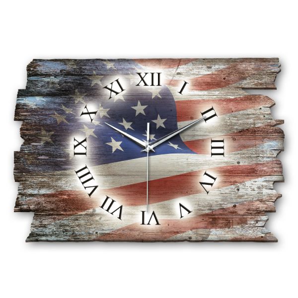 Designer Funk-Wanduhr "USA Flagge" aus Naturholz mit leisem Funk- oder Quarzuhrwerk