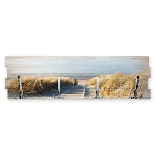 Wandgarderobe Strandblick aus Holz Shabby-Chic-Design farbig bedruckt ca. 30x100cm 4 Doppel-Haken