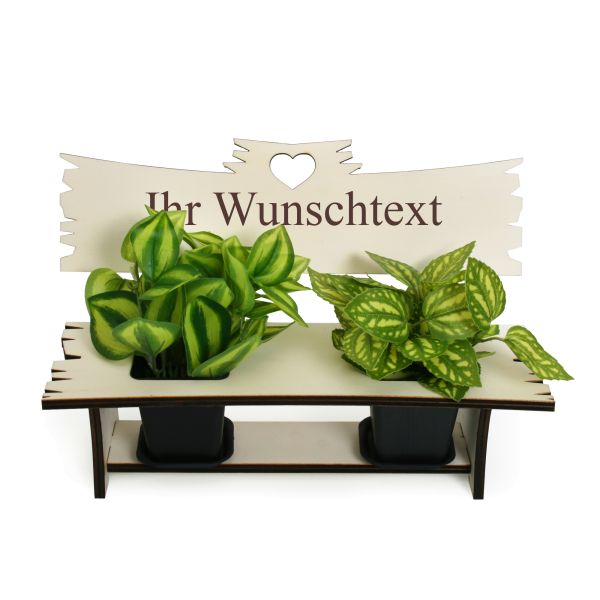 Blumen-Bank aus Holz personalisierbar mit Wunschtext – DIY-Bausatz im Set mit 2 Blumentöpfen