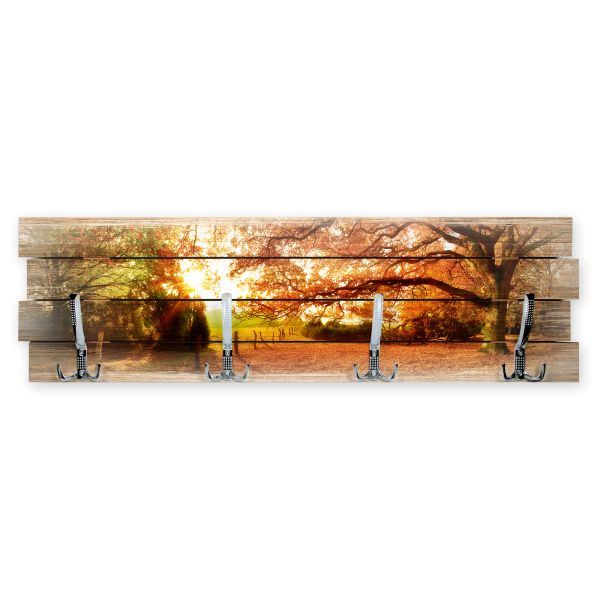 Wandgarderobe Herbst aus Holz Shabby-Chic-Design farbig bedruckt ca. 30x100cm 4 Doppel-Haken