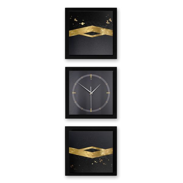 3-teilige Designer-Wanduhr „Gold on Black“ in modernem Metallic-Look