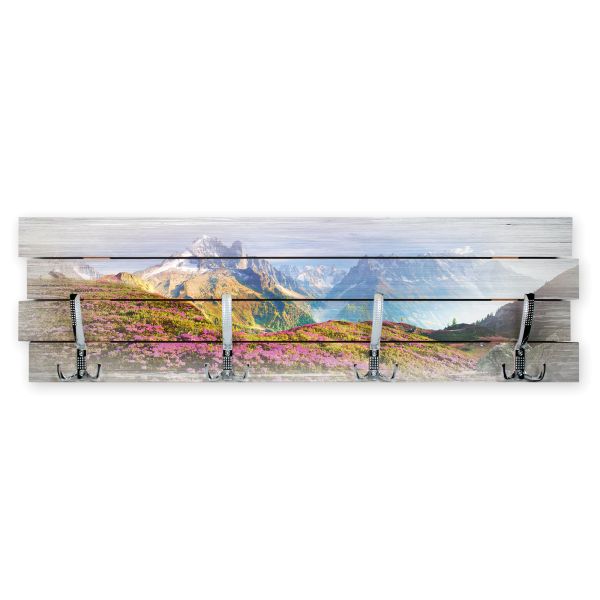 Wandgarderobe Alpen aus Holz im Shabby-Chic-Design farbig bedruckt ca. 30x100cm 4 Doppel-Haken