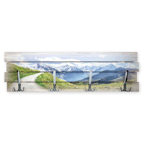 Wandgarderobe Wanderweg aus Holz Shabby-Chic-Design farbig bedruckt ca. 30x100cm 4 Doppel-Haken
