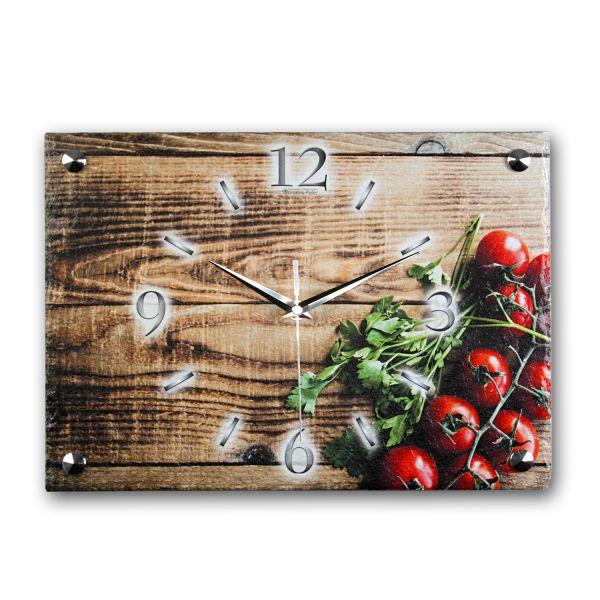 Design-Wanduhr "Frische Tomaten" aus Stein (Beton) mit flüsterleisem Funk- oder Quarzuhrwerk