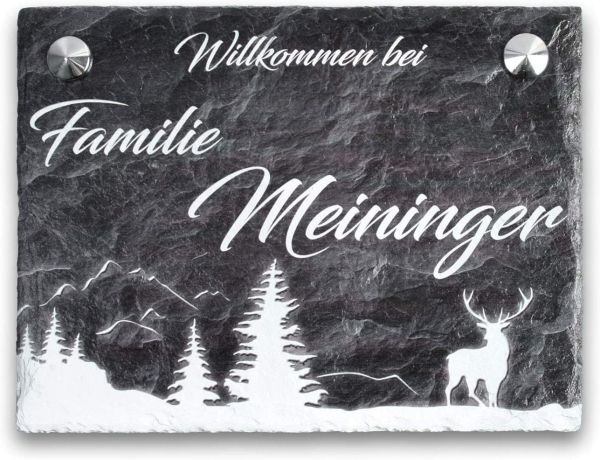 DESIGNER- TÜRSCHILD „Hirsch im Wald“ aus Stein mit Wunschtext (Beton/ Anthrazit)