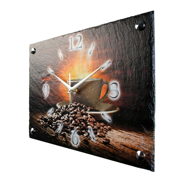 Designer Funk-Wanduhr "Kaffee" aus echtem Naturschiefer mit leisem Funk- oder Quarzuhrwerk