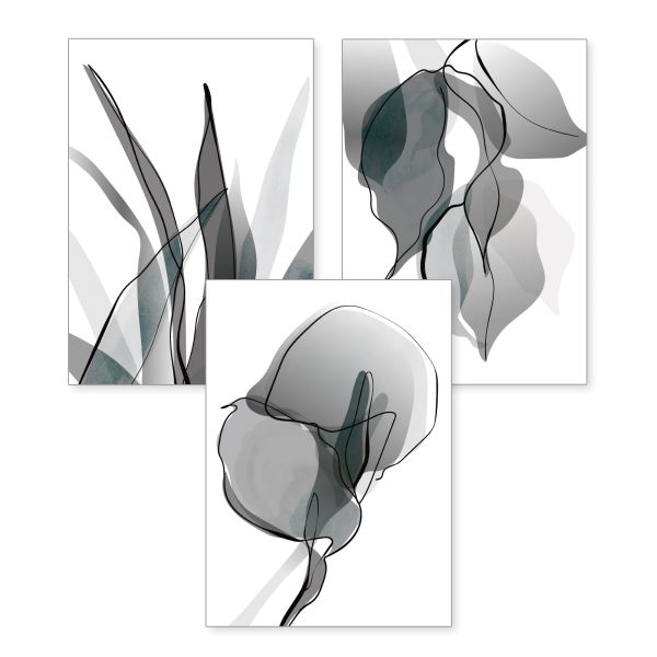 3-teiliges Poster-Set | Floral Grau | optional mit Rahmen | DIN A4 oder A3