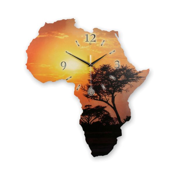 Designer-Wanduhr „Afrika“ in Landkarten-Form mit Motiv mit leisem Funk- oder Quarzuhrwerk