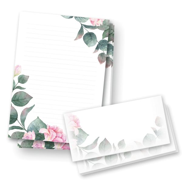 Briefpapier-Set | Rosa Blüte | 25x DIN A4 Briefpapier liniert mit passenden Umschlägen