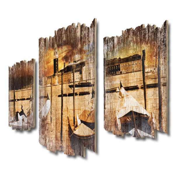 Venedig Shabby chic 3-Teiler Wandbild aus Massiv-Holz