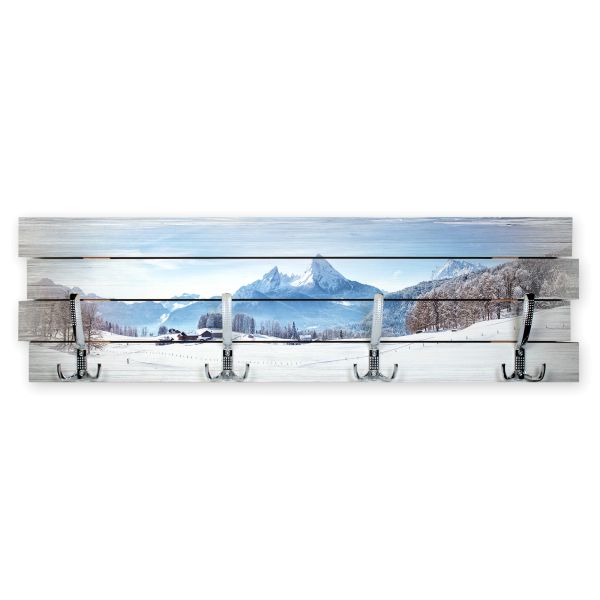 Wandgarderobe Winter aus Holz Shabby-Chic-Design farbig bedruckt ca. 30x100cm 4 Doppel-Haken