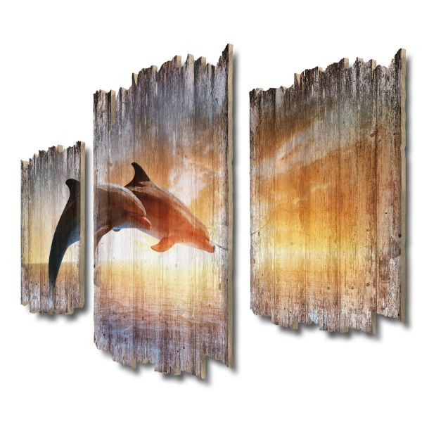 Delfine Shabby chic 3-Teiler Wandbild aus Massiv-Holz
