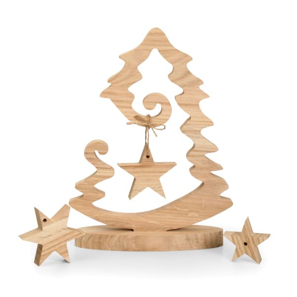 Weihnachtsbaum-Aufsteller „Ornament“- Holz-Deko mit Sockel im Set mit 3 Holz-Sternen aus Massivholz