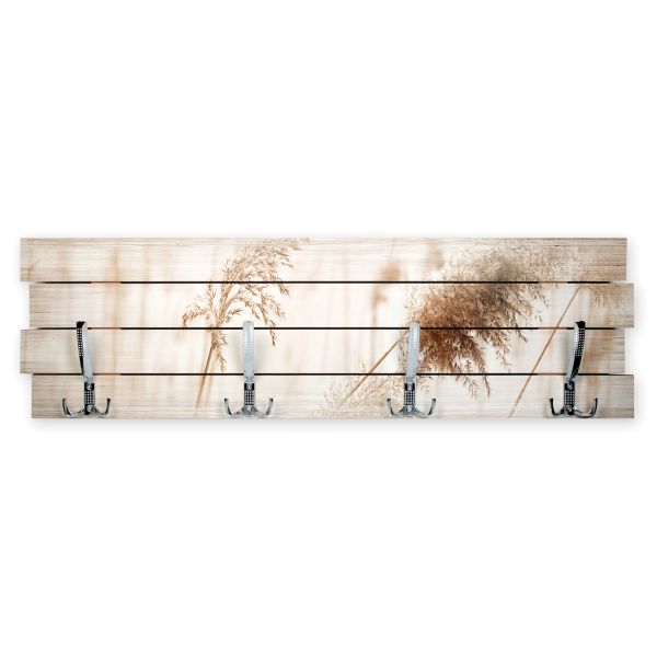 Wandgarderobe Gräser aus Holz im Shabby-Chic-Design farbig bedruckt ca. 30x100cm 4 Doppel-Haken