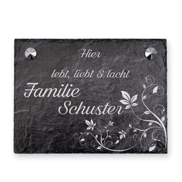 DESIGNER- TÜRSCHILD „Florales Ornament“ aus Stein mit Wunschtext (Beton/ Anthrazit)