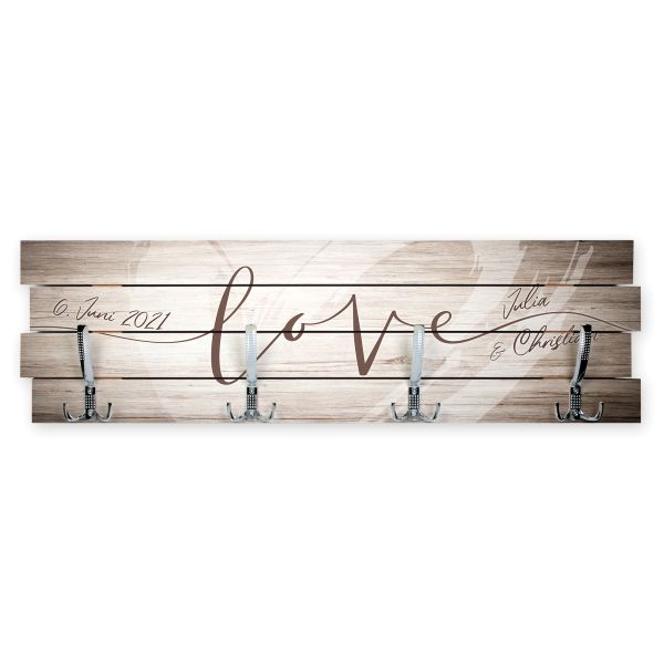 Wandgarderobe Love aus Holz Shabby-Chic-Design farbig bedruckt ca. 30x100cm 4 Doppel-Haken