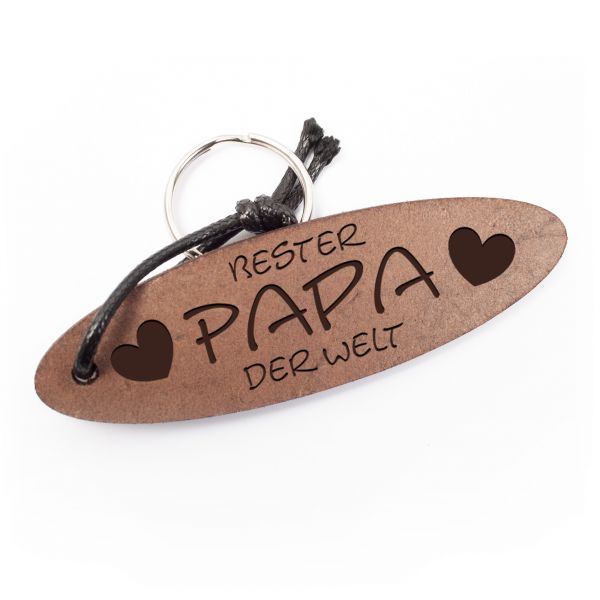 Schlüsselanhänger oval aus Echtleder mit Gravur im Used Look | bester Papa der Welt