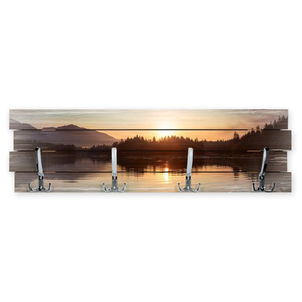 Wandgarderobe Abend am See aus Holz Shabby-Chic-Design farbig bedruckt 30x100cm 4 Doppel-Haken