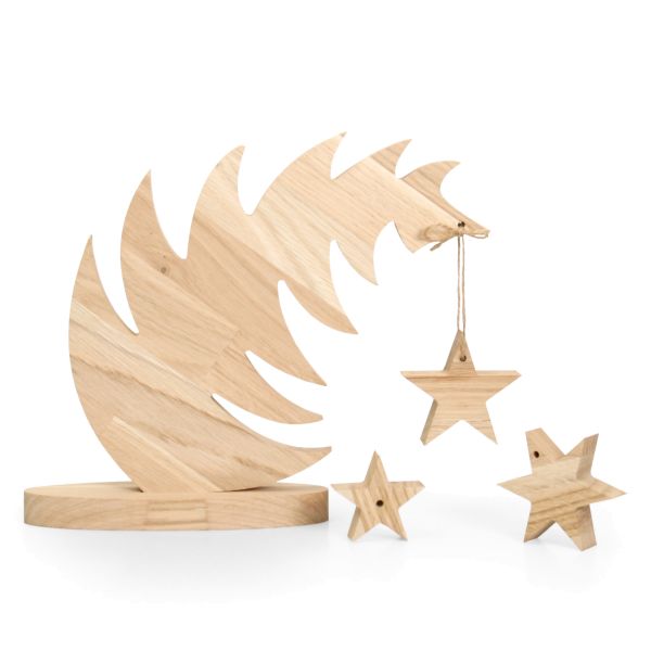 Weihnachtsbaum-Aufsteller „Curvy“- Holz-Deko mit Sockel im Set mit 3 Holz-Sternen aus Massivholz